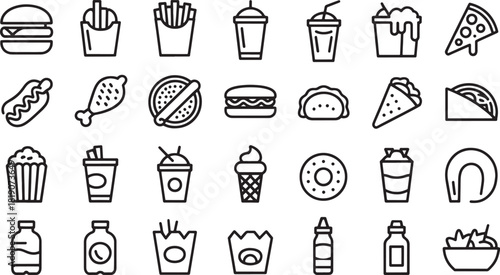 Collection of 20 minimalist line art icons featuring fast food and drinks burger hamburger