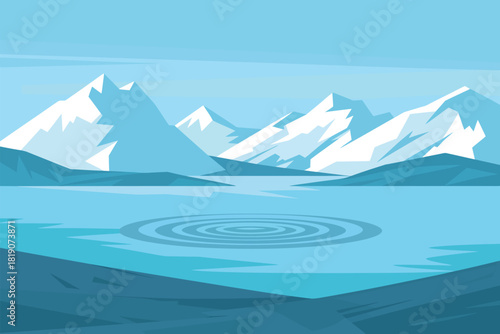 Serene arctic landscape featuring snow-capped mountains reflecting in a calm icy lake, perfect for nature illustrations