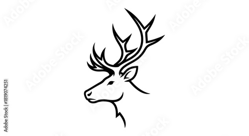 Elegant black and white line art drawing of a majestic deer head with large antlers, facing left on a white background.