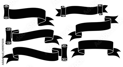 A collection of seven different black silhouette ribbon banners and ancient scrolls on a white background.