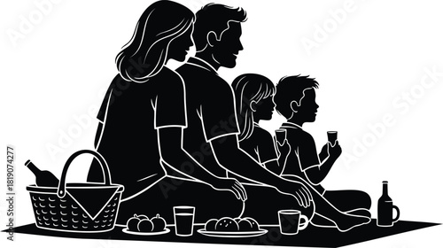 Family picnic silhouette enjoying outdoor meal together on mat