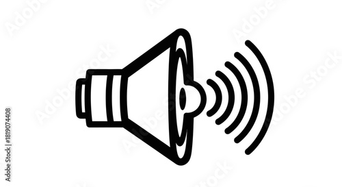 Black and white illustration of a speaker emitting sound waves, indicating volume or audio output.