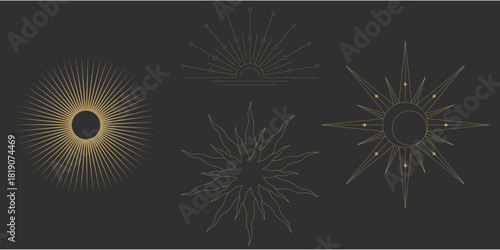 Sun line boho sunrise gold logo icon art moon sunburst appear in a calm illustration. It works with bohemian decor and light themes. A tribal inspired emblem.