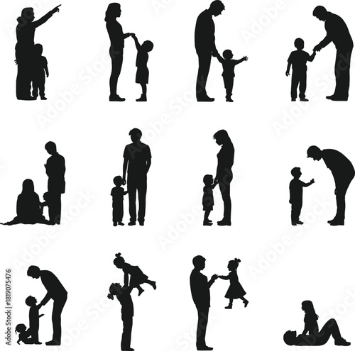Set of parent and child silhouettes showing mothers and fathers hugging and playing with kids, vector illustration isolated on white.