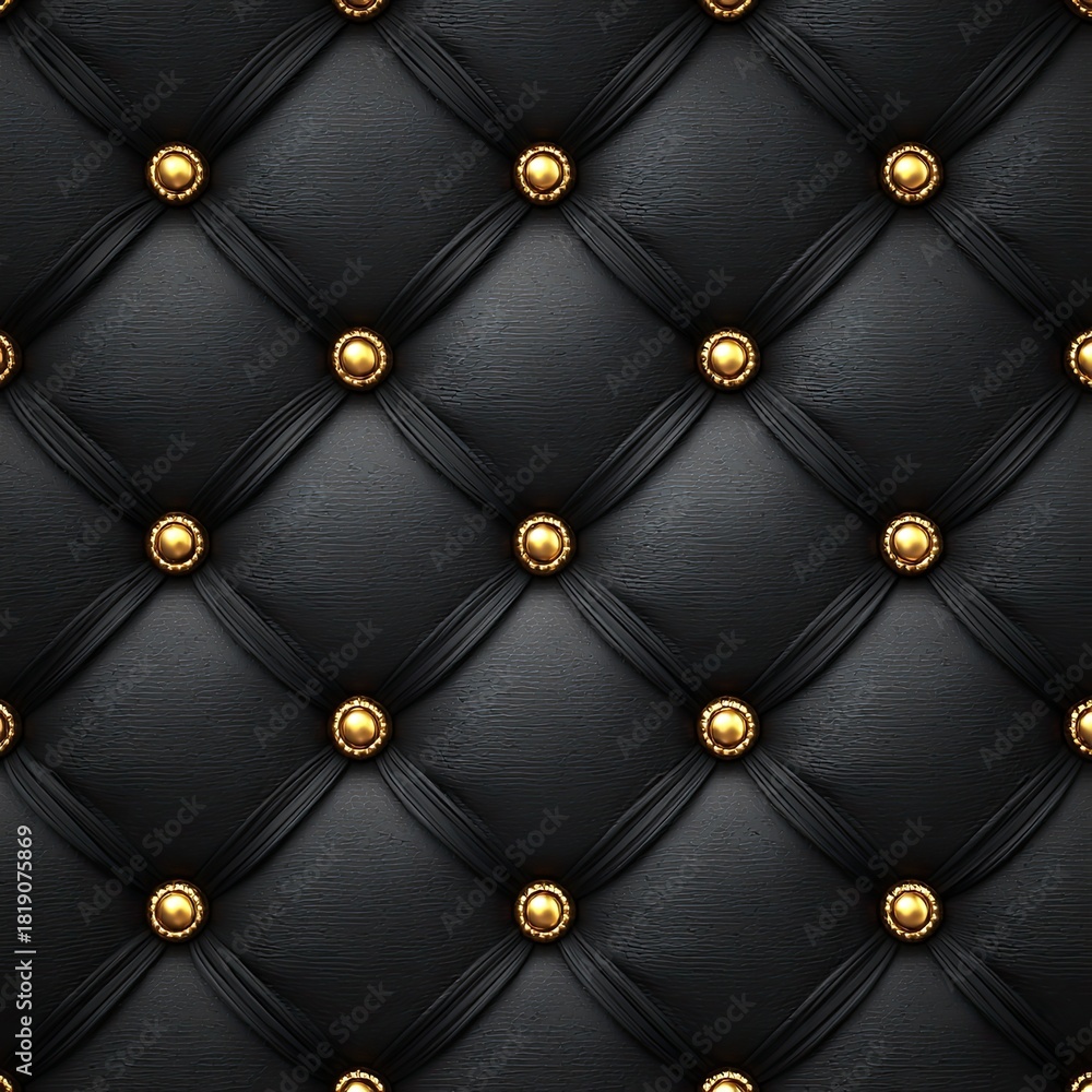 Fototapeta premium Black tufted leather background with golden studs in a diamond pattern