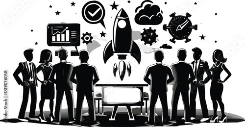 Modern flat vector illustration of diverse business people collaborating and working together in a professional office environment conveying teamwork and success