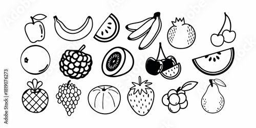 A comprehensive graphic collection showcasing a variety of healthy fruits rendered in a simple, elegant outline style, suitable for digital and print media applications
