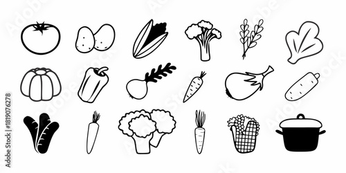 Collection of assorted fresh vegetables and food items, line art illustrations perfect for healthy eating and culinary themes