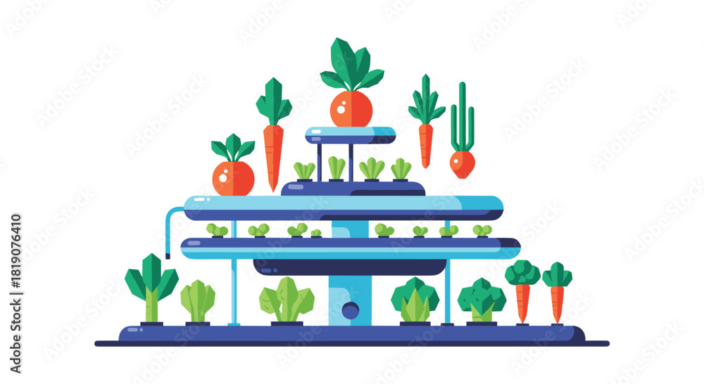 Fototapeta premium Illustration of a vertical hydroponic farm with various vegetables growing in stacked layers.