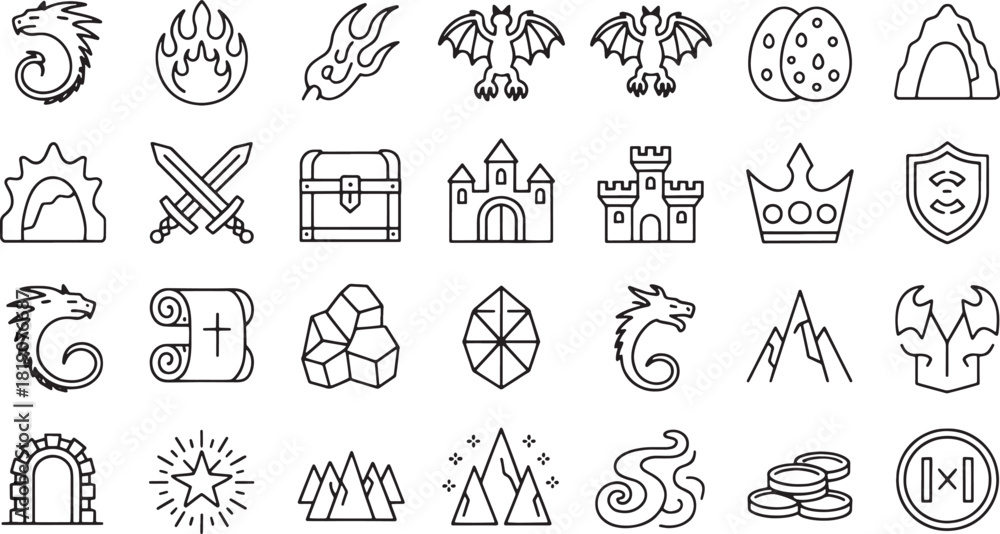 Fototapeta premium Collection of fantasy game icons dragons castles treasure coins and magical elements fire flame