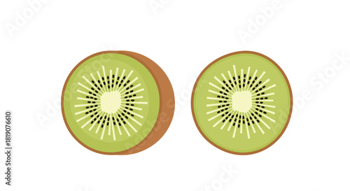 Two sliced kiwis with brown skin and green flesh with black seeds.