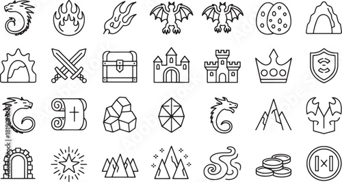 Collection of fantasy game icons dragons castles treasure coins and magical elements fire flame