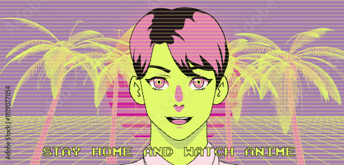 Neon anime-style character with pink hair smiles in front of retro palm trees and a purple grid background. Conceptual vector illustration for synthwave, anime culture, and retro-futurism themes.