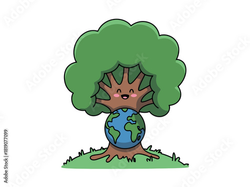 A happy cartoon tree embraces the Earth with its branches, symbolizing environmental care and protection.