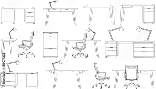 Collection of line art office desks and chairs with desk lamps furniture