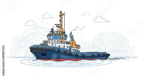 Illustration of a blue and white tugboat sailing on stylized wavy water with clouds above.