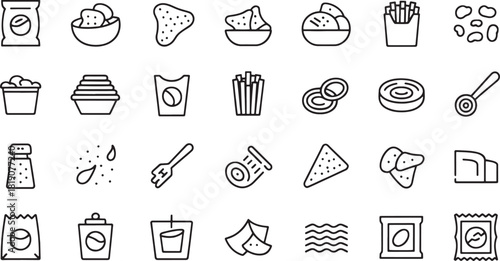 Collection of minimalist line art icons depicting snacks and food items vector