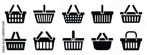 Shopping basket icon set featuring market and supermarket baskets, perfect for buy and shopping illustrations, vector design
