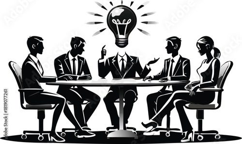 Flat vector illustration of four diverse business people collaborating and working together in a modern office setting representing teamwork and professional partnership