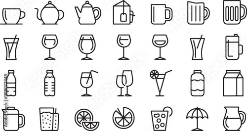 Collection of minimalist line art icons for beverages and drinks vector