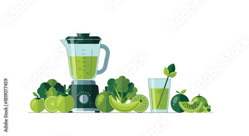 Flat illustration of a blender with green ingredients and a glass of smoothie.
