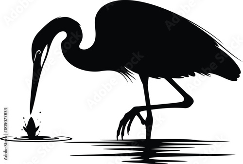 Heron Wading and Fishing in Water Silhouette Vector