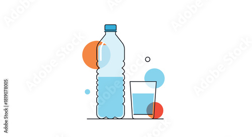 Illustration of a water bottle and a glass of water with colorful abstract circles.