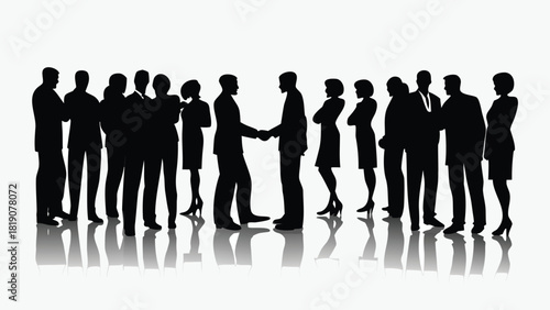 Modern flat vector illustration of two silhouetted business professionals in conversation symbolizing teamwork communication and corporate strategy in a clean minimalist design