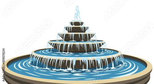 A tiered water fountain with cascading water over brown basins in a pool.