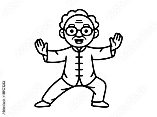An elderly person with glasses practices a graceful martial arts pose, embodying health and tranquility.