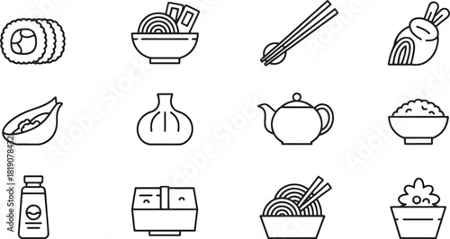 Collection of nine black and white line art icons of Asian food and drink asian food icons food icons