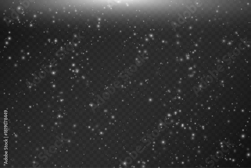 Bright white glow at the top with countless falling snow particles of different sizes and transparency on a dark checkered background. Light winter sparkle effect with soft glitter and dust.
