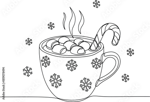 Hot chocolate with marshmallows and candy cane outline art