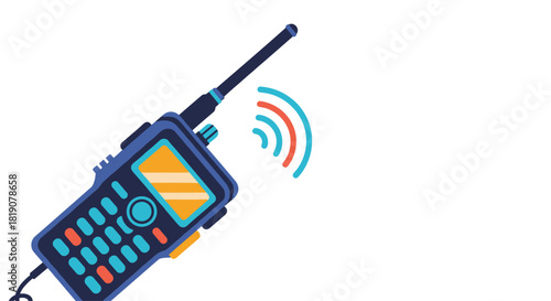 A blue walkie-talkie is shown with signal waves emitting from its antenna, conveying communication.