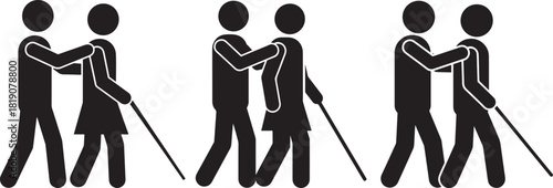 Three figures depicting assistance to visually impaired individuals silhouette
