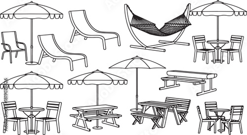 Collection of outdoor furniture and umbrellas line art lounge chair hammock