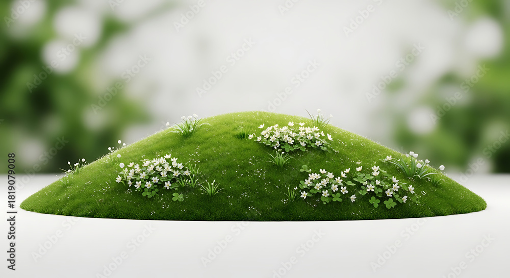 Fototapeta premium Green grass hill stage with flowers in front of a blurred spring backdrop