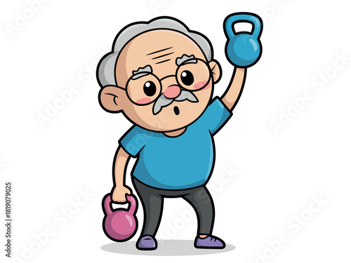 An elderly gentleman is cheerfully exercising with kettlebells, showcasing an active and healthy lifestyle in his senior years.