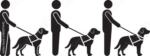 Three figures walking guide dogs in a simple silhouette style