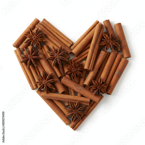 Heart Shape Made of Cinnamon Sticks and Star Anise Isolated on White