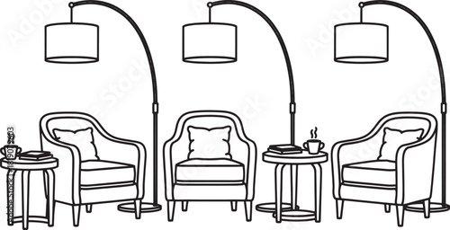Three black line arc floor lamps over armchairs with side tables and coffee cups arc lamp