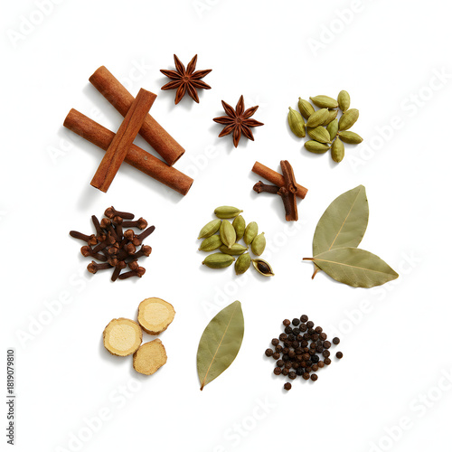 Ingredients for Masala Chai Tea Spices Flat Lay Isolated on White
