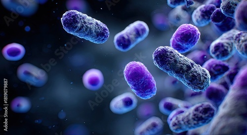 Microscopic view of purple rod-shaped bacteria, some blurred