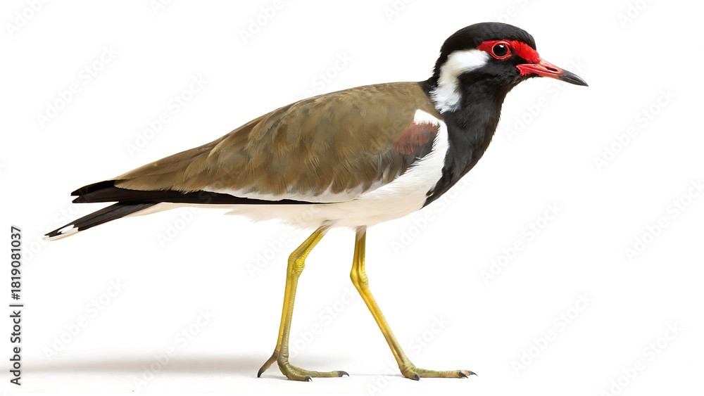 Fototapeta premium Red-wattled lapwing standing cut out isolated on white background With shadow. AI GENERATED. 