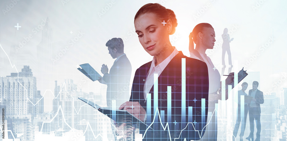 © ImageFlow - Business people with charts and devices in formal attire over city background, abstract graphics overlaying, concept of teamwork and financial analysis © ImageFlow - Business people with charts and devices in formal attire over city background, abstract graphics overlaying, concept of teamwork and financial analysis