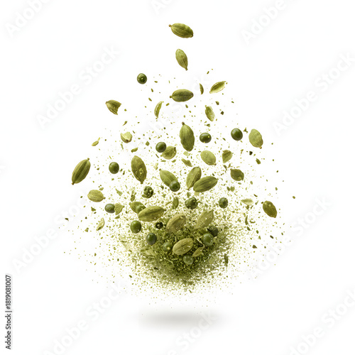 Green Cardamom Pods Exploding Dynamic Motion Isolated on White