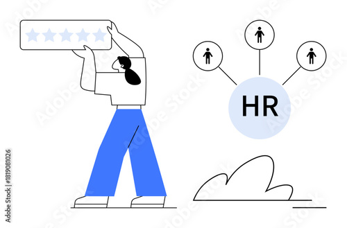 Worker holding star rating card, connected icons for HR management and team selection. Ideal for employee evaluation, HR processes, recruitment, talent, performance, teamwork. Simple flat metaphor