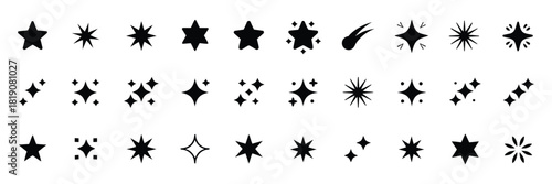 Star icons including varied shapes, black stars, and sparkle star designs, ideal for vector graphics, UI design, decorative artwork