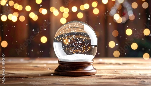 Enchanting holiday snow globe capturing a moment of winter magic with sparkling gold glitter and a warm, festive bokeh background