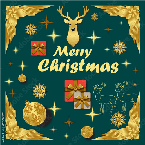 A luxury Christmas vector illustration featuring golden decorations, reindeer, snowflakes, stars, and gift boxes on an elegant dark green background. Perfect for greeting cards, invitations, print, pa
